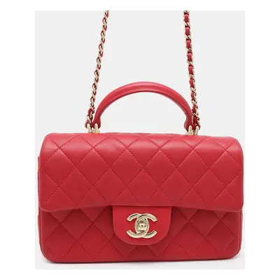 Chanel Red Lambskin Matelasse Top Handle Chain Shoulder Bag