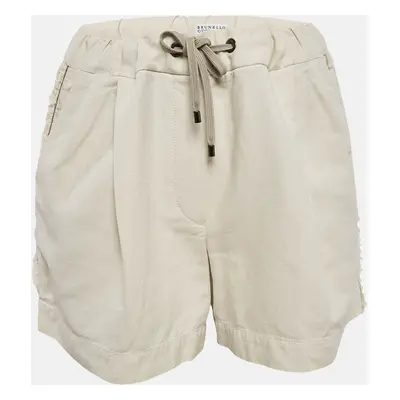 Brunello Cucinelli Beige Cotton Frayed and Monili Bead Side Detail Shorts