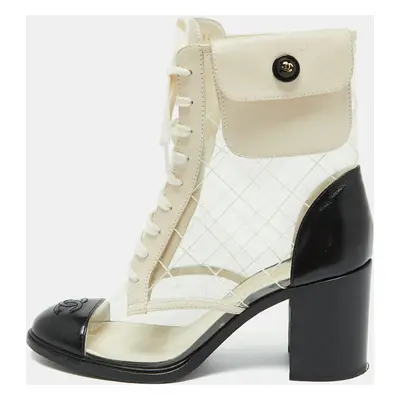 Chanel Black/White PVC and Leather CC Pocket Lace up Ankle Boots Size