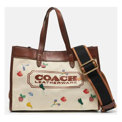 Coach Beige/Cream Canvas and Leather Garden Embroidery Field Tote