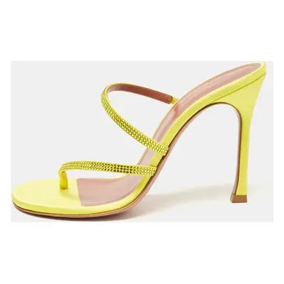 Amina Muaddi Yellow Satin Crystal Embellished Ami Slide Sandals Size 38.5