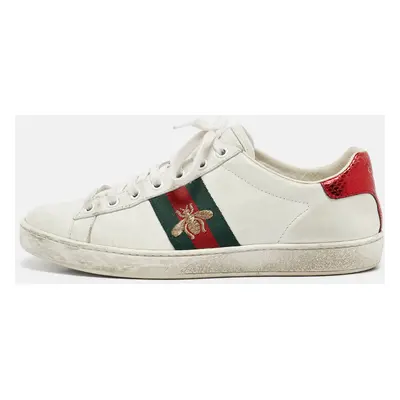 Gucci White Leather and Sneak Embossed Leather Ace Low Top Sneakers Size