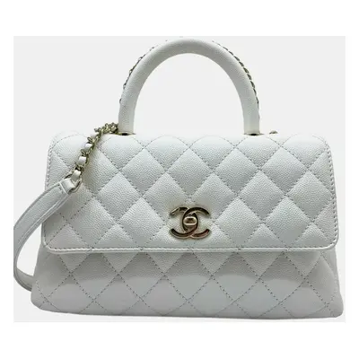 Chanel Flap Bag Coco Handle Caviar White Champagne Handbag