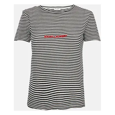 Saint Laurent Paris White/Black Stripe Logo Embroidered Jersey T-Shirt