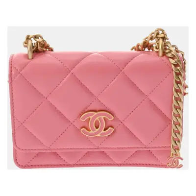 Chanel Pink Lambskin Leather Enamel CC Clutch On Chain