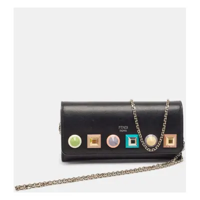 Fendi Black Leather Rainbow Stud Flap Wallet on Chain