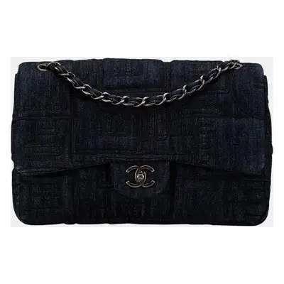 Chanel Navy Blue Jumbo Embroidered Denim Perfume Bottle Single Flap