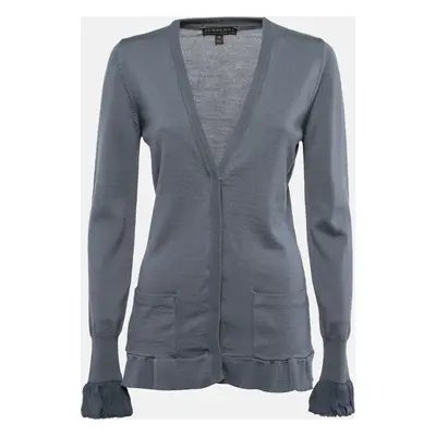 Burberry Grey Wool Knit Silk Trimmed Button Front Cardigan