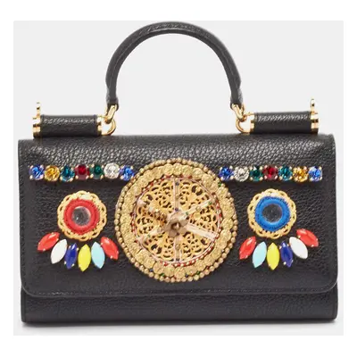 Dolce & Gabbana Black Leather Miss Sicily Von Embellished Wallet On Chain