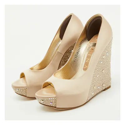 Gina Beige Satin Crystal Embellished Peep Toe Platform Wedge Pumps Size