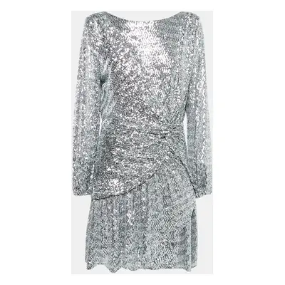 Maje Silver Sequin Crepe Ruched Full Sleeves Mini Dress