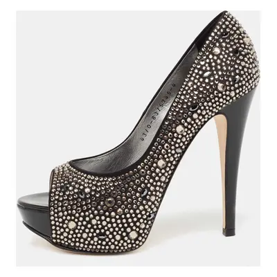 Gina Black Satin Crystal Embellished Peep-Toe Platform Pumps Size