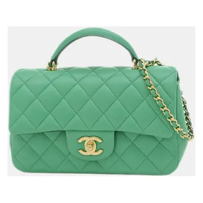 Chanel Green Quilted Lambskin Classic Single Flap Top Handle Bag