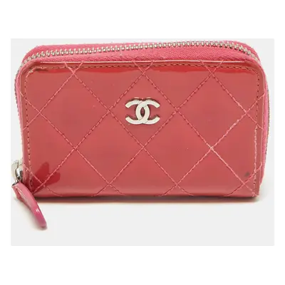 Chanel Pink Quilted Patent Leather CC Zip Coin Purse