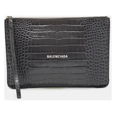 Balenciaga Grey Croc Embossed Leather Flat Zip Pouch