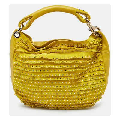 Jimmy Choo Yellow Leather and Suede Fringe Studded Hobo