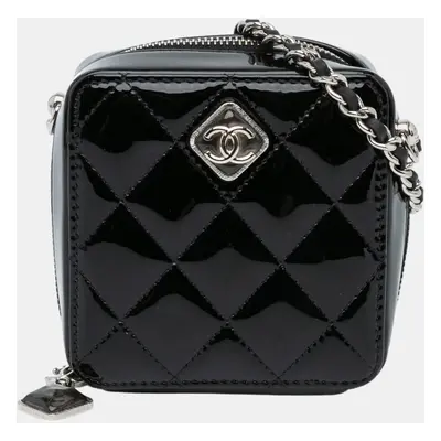 Chanel Black CC Quilted Patent Clutch With Chain