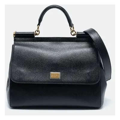 Dolce & Gabbana Black Leather Large Miss Sicily Top Handle Bag