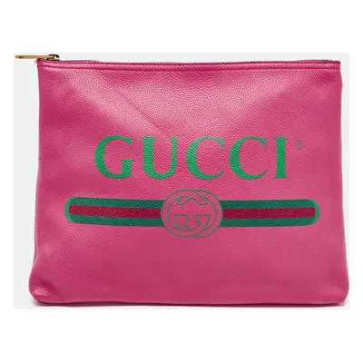 Gucci Fuchsia Leather Logo Print Zip Pouch