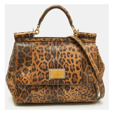 Dolce & Gabbana Brown Karung Leather Leopard Print Large Miss Sicily Top Handle Bag