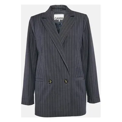 Ganni Blue Pinstripe Gabardine Double Breasted Blazer