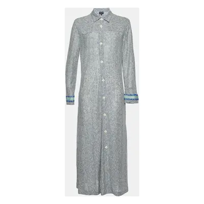 Giorgio Armani Navy Blue/White Linen and Cotton Knit Long Shirt Dress