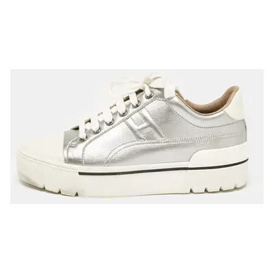 Hermes Silver/White Leather Voltage Low Top Sneakers Size