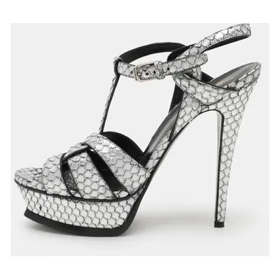 Saint Laurent Paris Silver Python Embossed Leather Tribute Platform Sandals Size 38.5