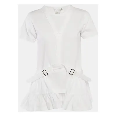 Comme des Garcons White Cotton and Cotton Knit Belt Detail Ruffled Top