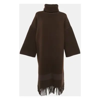 Hermes Brown Wool Knit Fringed Turtle-Neck Poncho Coat