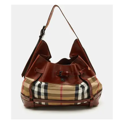 Burberry Brown/Beige House Check Canvas and Leather Bridle Hobo