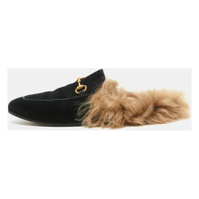 Gucci Black Velvet Fur Lined Princetown Flat Mules Size