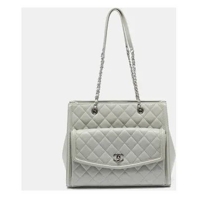 Chanel Light Grey Quilted Leather CC Front Pocket Tote