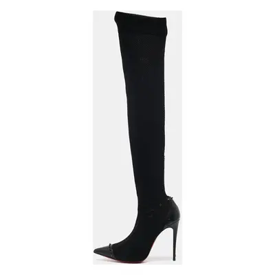 Christian Louboutin Black Knit Fabric and Leather Dovi Dova Knee Length Boots Size