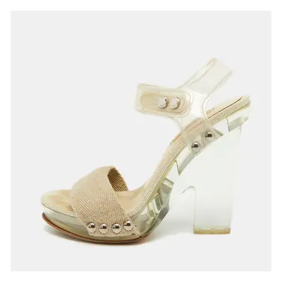 Prada Beige Canvas and PVC Clear Heel Platform Ankle Strap Sandals Size