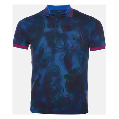 Etro Dark Blue Paisley Print Cotton Pique Polo T-Shirt