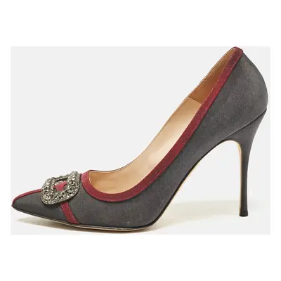 Manolo Blahnik Grey/Burgundy Satin Crystal Gotrian Pumps Size