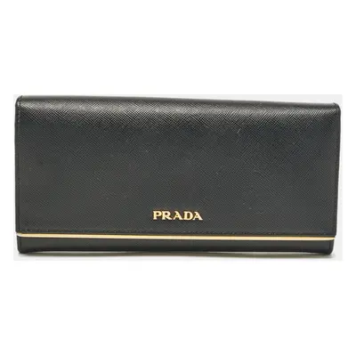 Prada Black Saffiano Leather Metal Bar Continental Wallet