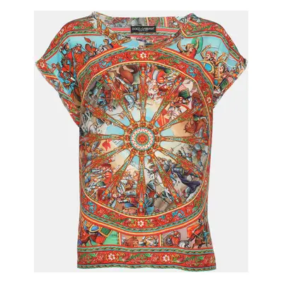 Dolce & Gabbana Multicolor Medieval Print Silk Cap Sleeve Top