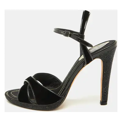 René Caovilla Black Velvet and Patent Leather Ankle Strap Sandals Size