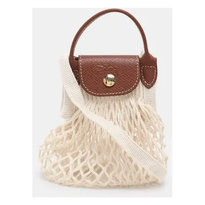 Longchamp White/Brown Crochet and Leather Le Pliage Filet Crossbody