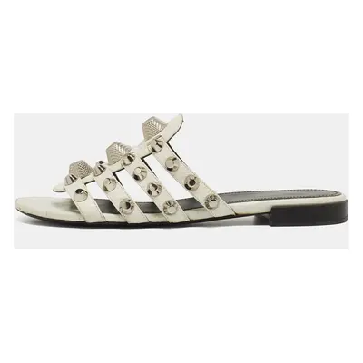 Balenciaga White Leather Studded Arena Flat Slides Size