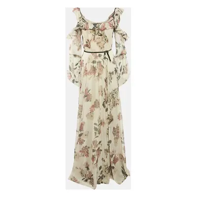 JULEA DOMANI Beige Floral Print Crepe Cold Shoulder Maxi Dress