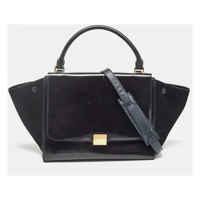 Celine Black Patent Leather and Suede Trapeze Top Handle Bag