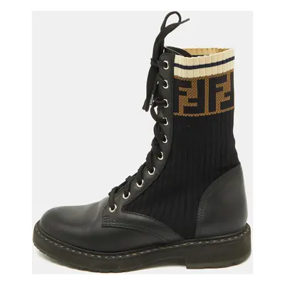 Fendi Black Leather and Zucca Stretch Fabric Rockoko Combat Boots Size 35.5