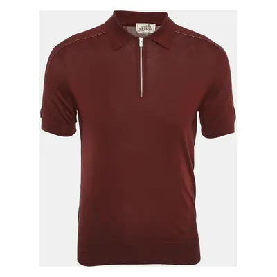 Hermes Dark Red Cotton Zip-Detail Polo T-Shirt