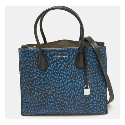 Michael Kors Black/Blue Leather and Coated Canvas Animal Print Mercer Tote