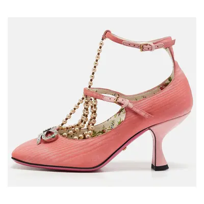 Gucci Pink Fabric Pearl Embellished T-Strap Pumps Size