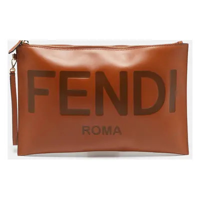 Fendi Brown Leather Flat Zip Wristlet Pouch