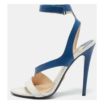 Prada Blue/White Leather Ankle Strap Sandals Size 39.5